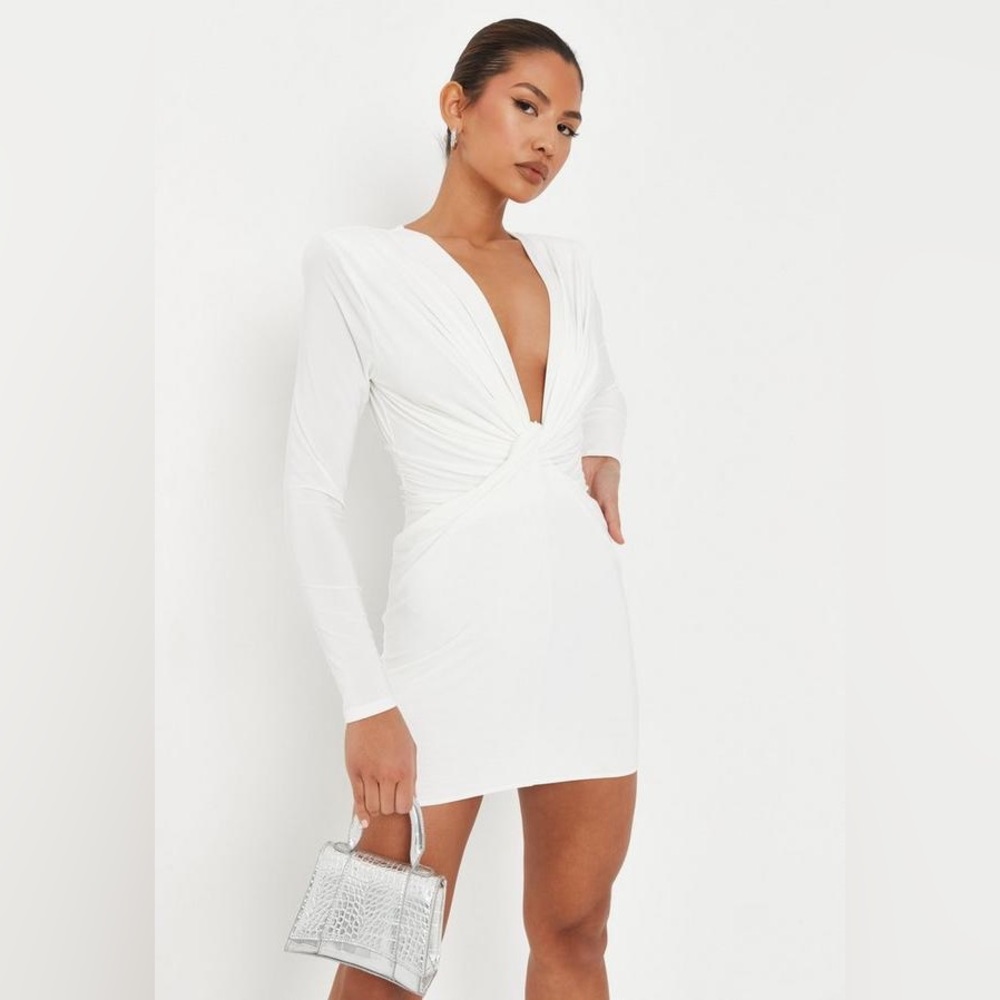 White slinky knot front plunge mini dress